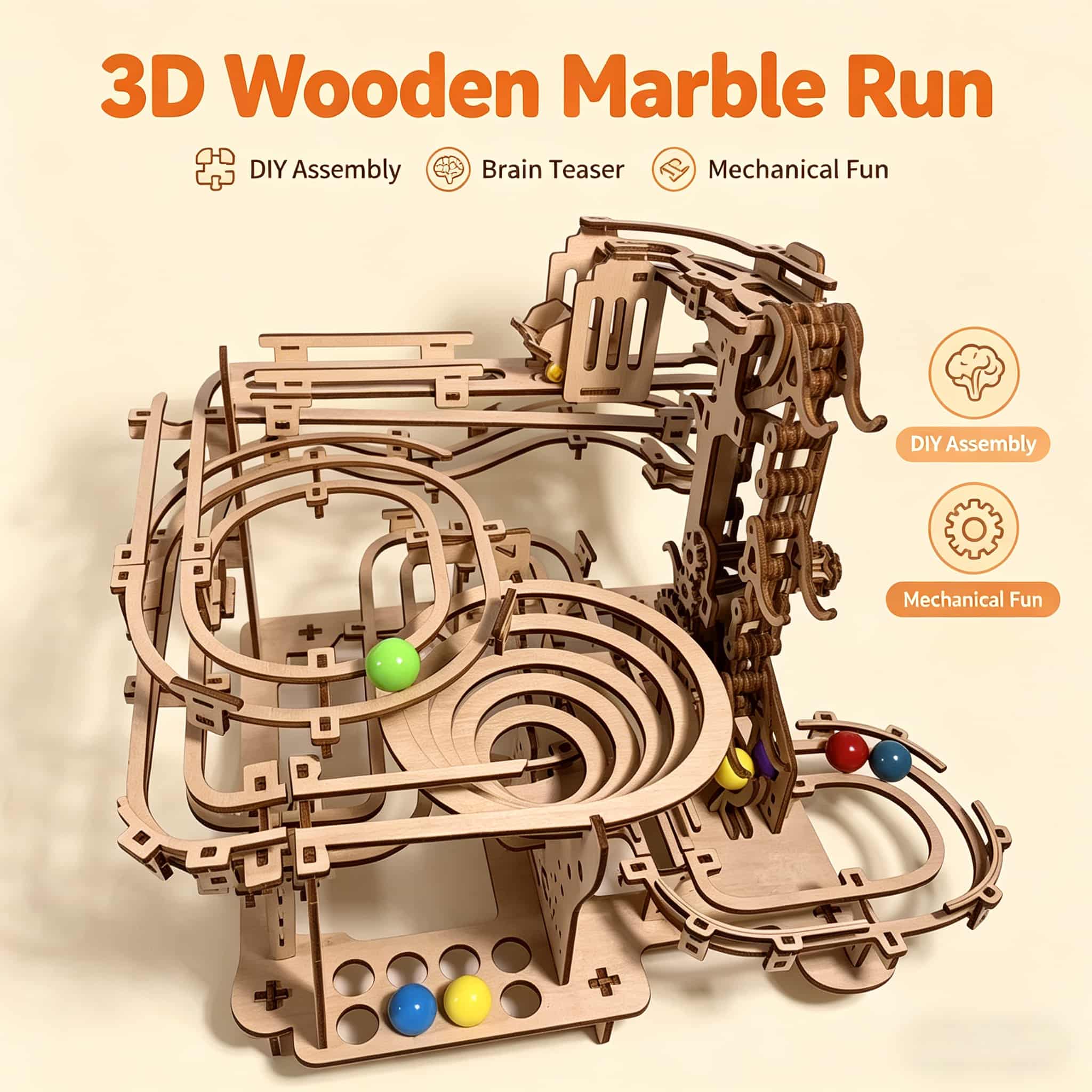 Running Gear Track - Mechanische Marble Run 3D houten puzzelmodelbouwset
